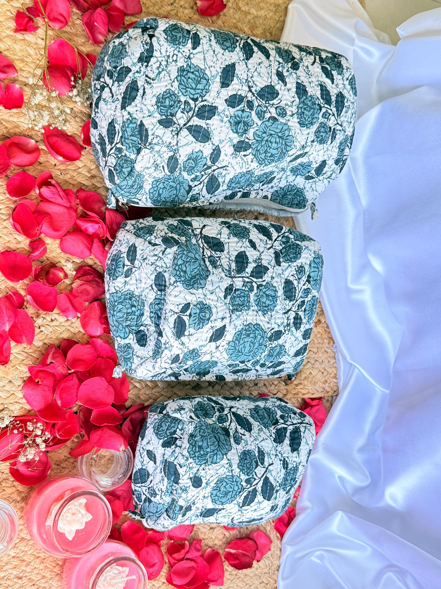 Blue Floral Handblock Travel  Pouch Organizer  Set of 3