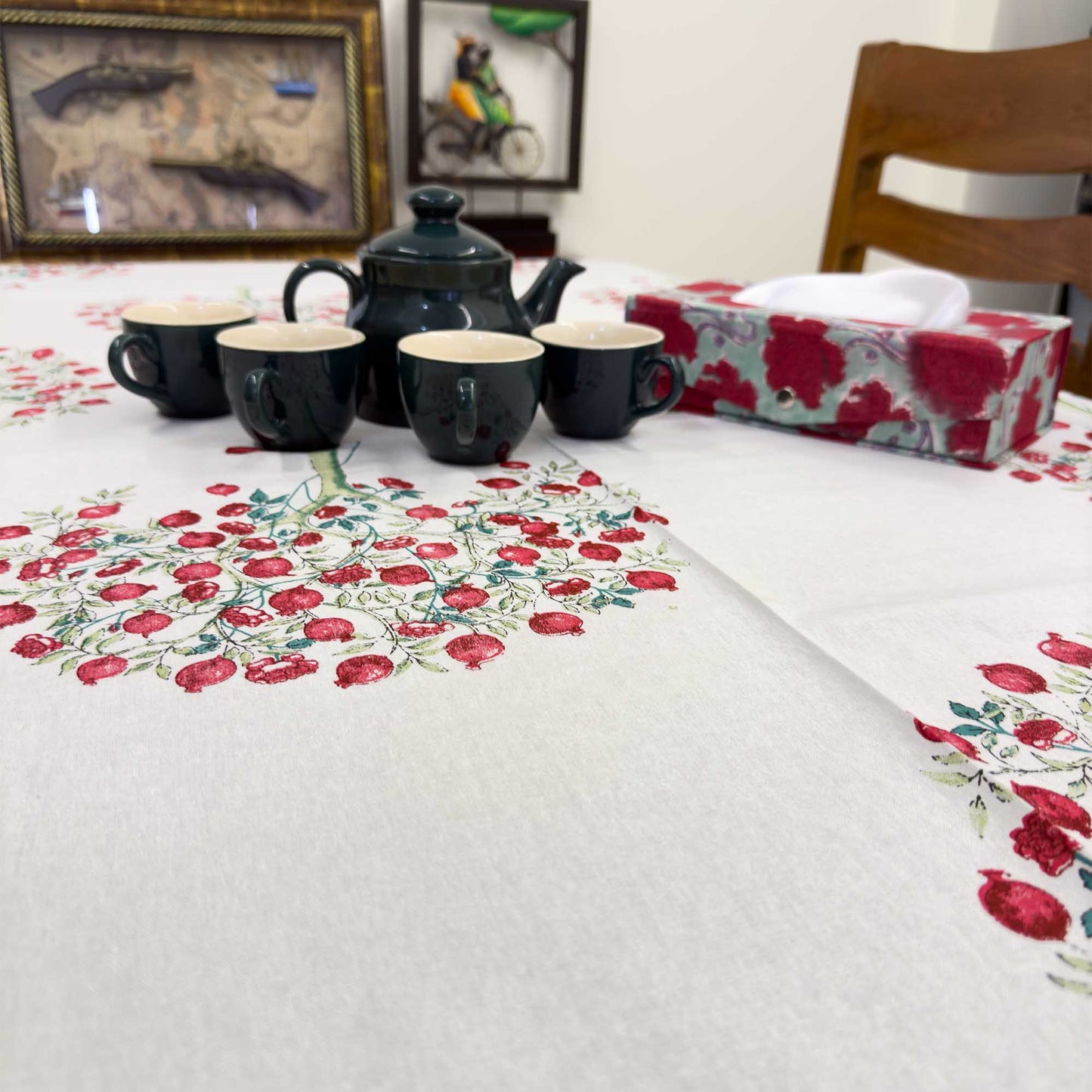 White & Red Cotton Handblock Table Cover – 60x90 Inches for 6-Seater Dining Tables