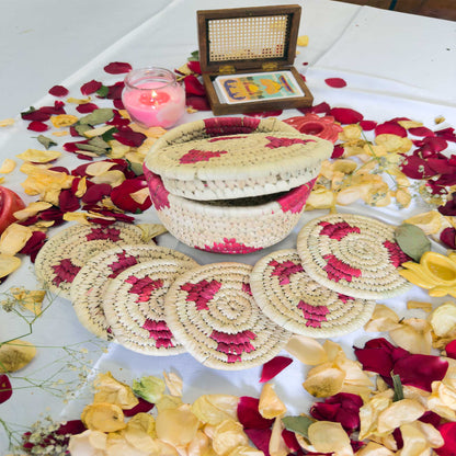 Magenta Handcrafted Jute Coasters With Sabai Grass Basket (SET OF 6 COASTERS + 1 BASKET)