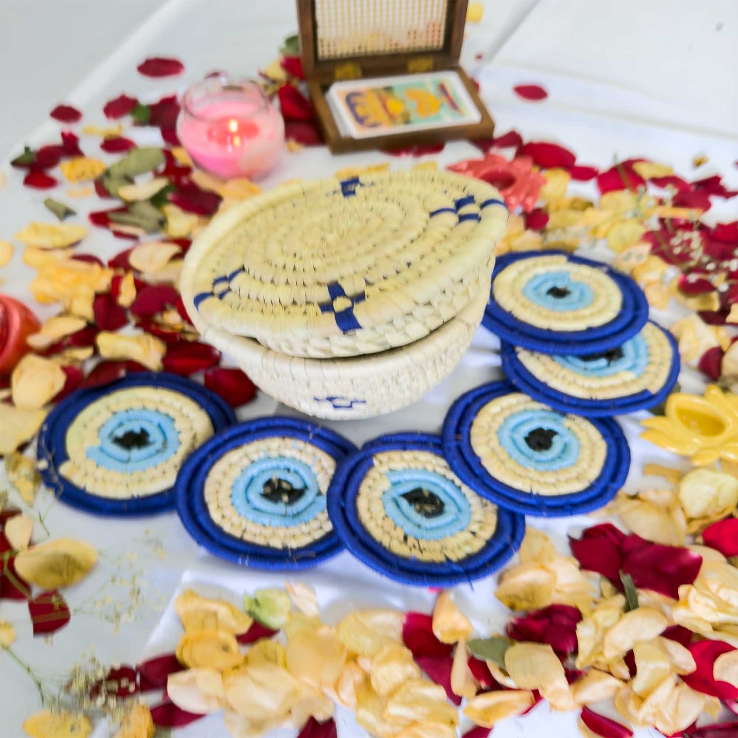 EVIL - EYE Handcrafted Jute Coasters With Sabai Grass Basket (SET OF 6 COASTERS + 1 BASKET)