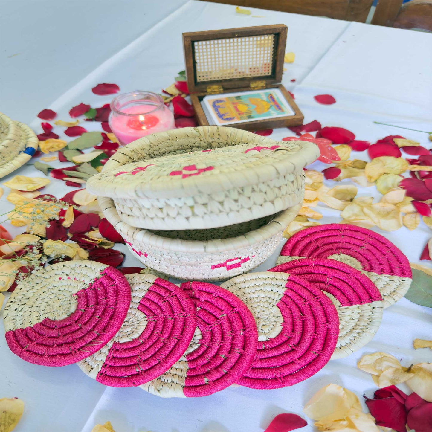 Handcrafted Pink Jute Coasters With Sabai Grass Basket (SET OF 6 COASTERS + 1 BASKET)