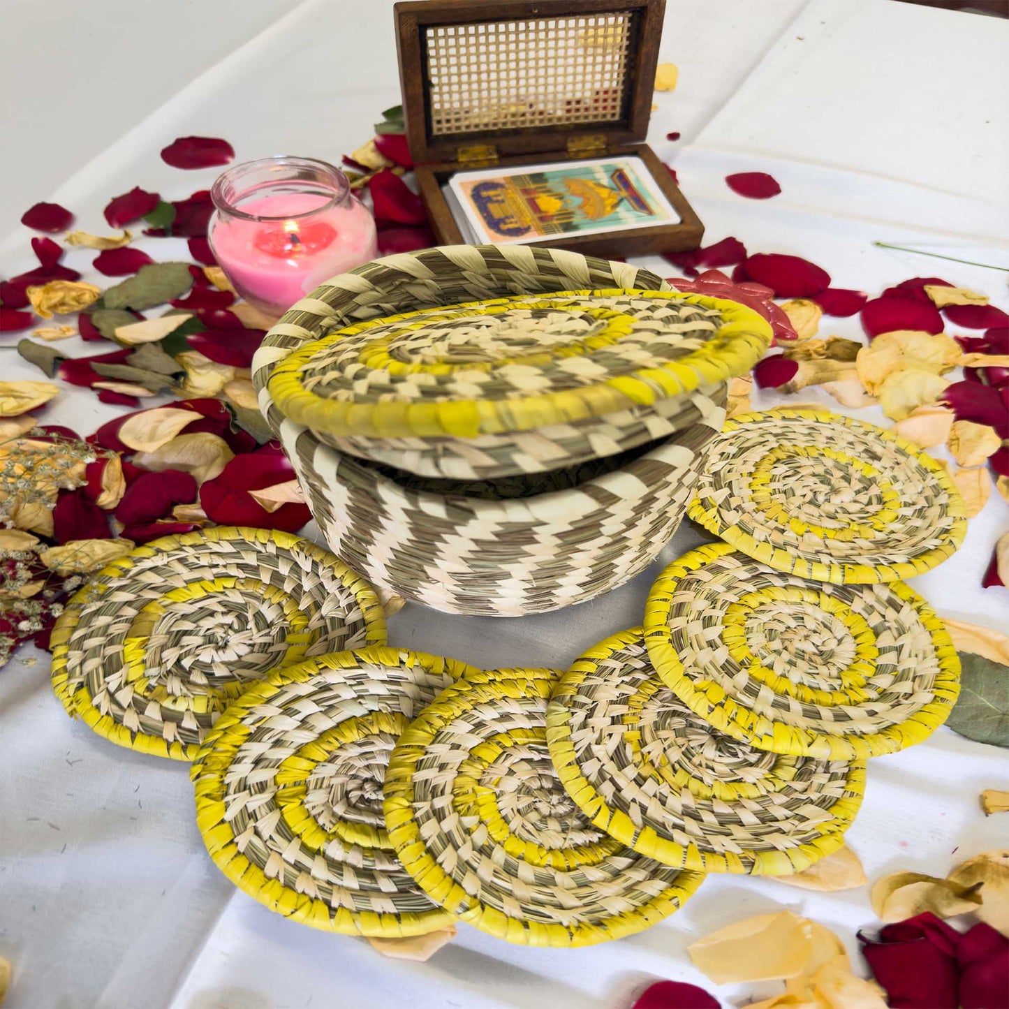 Yellow Handcrafted Jute Coasters With Sabai Grass Basket (SET OF 6 COASTERS + 1 BASKET)
