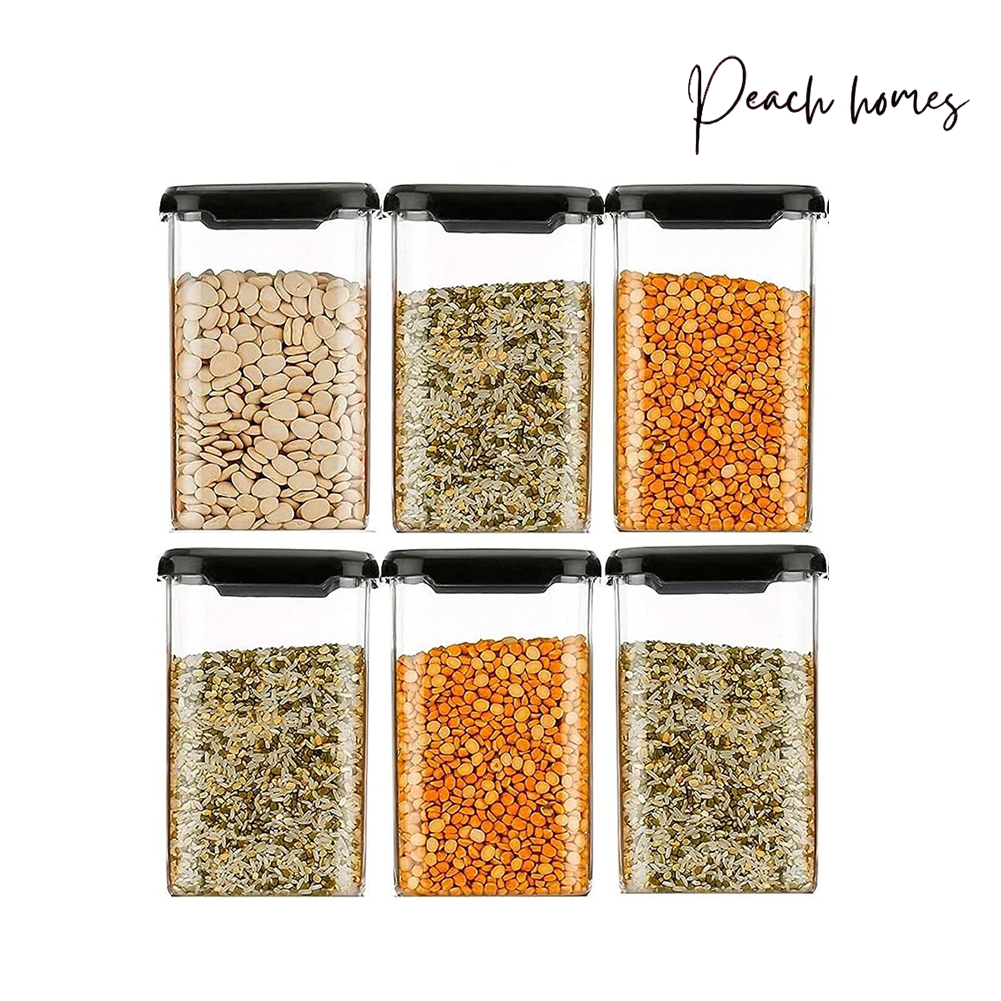 Airtight Kitchen Storage Containers Set – BPA-Free, Freezer Safe, 1100 ml, Black (Pack of 6) for Pantry Organization