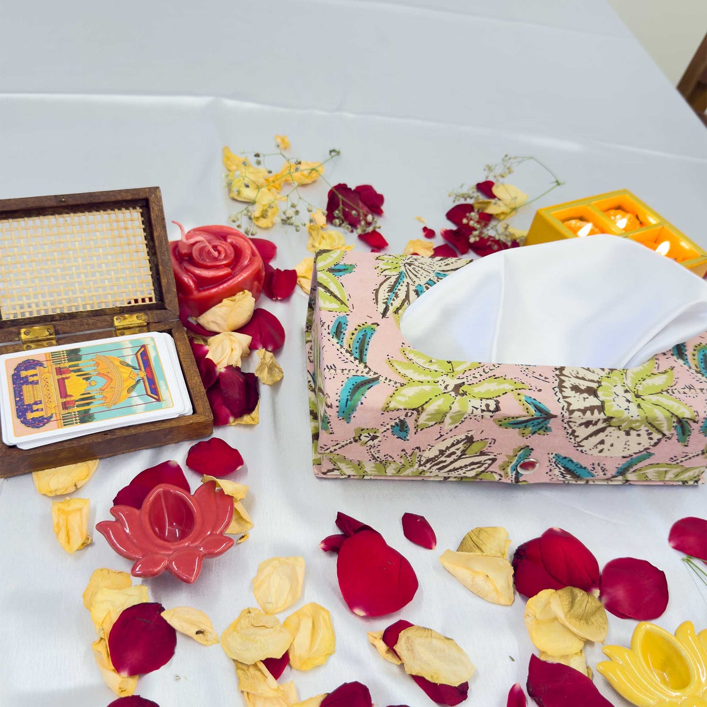 Pink Floral Handblock Tissue Box