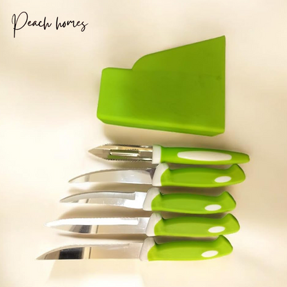Plastic Kitchen Knife Set with Holder (5-Pieces)