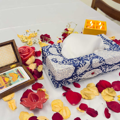 Dark Blue Floral Handblock Tissue Box