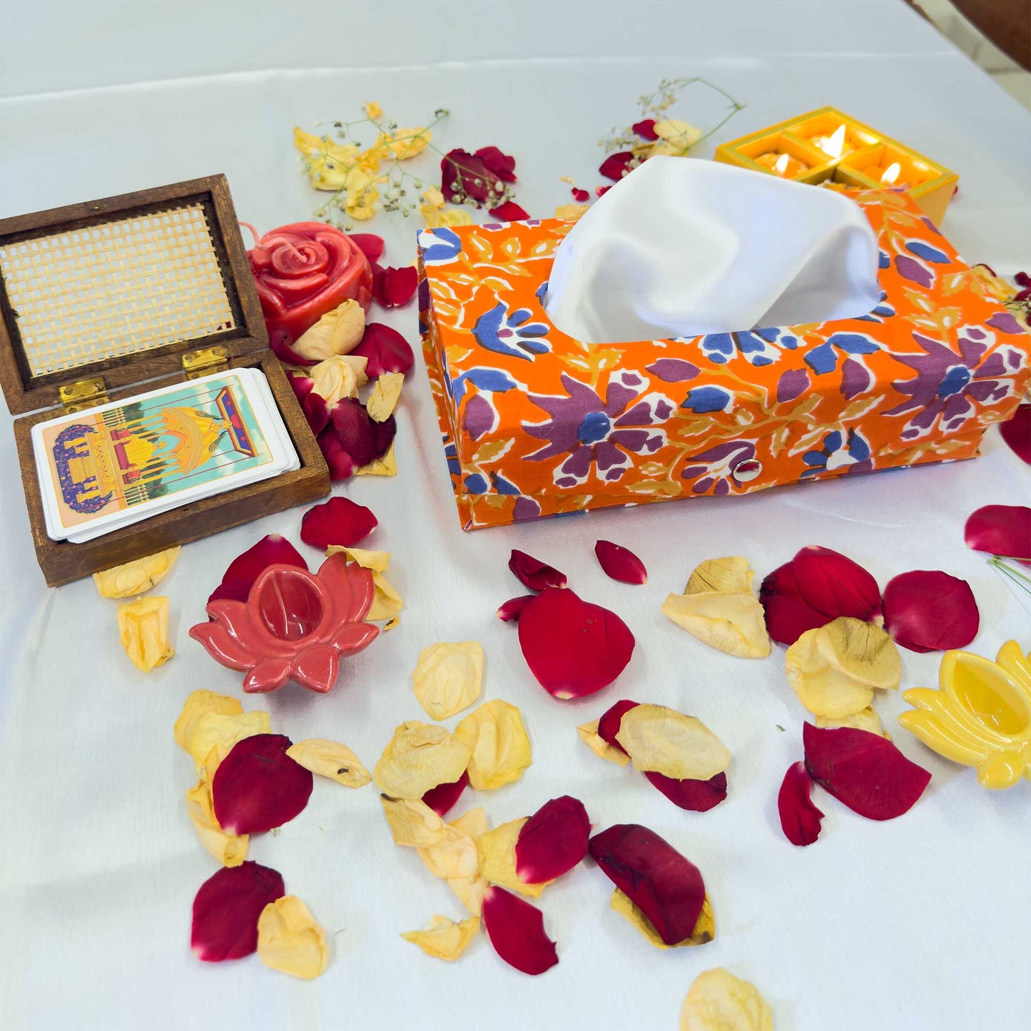 Orange Floral Handblock Tissue Box