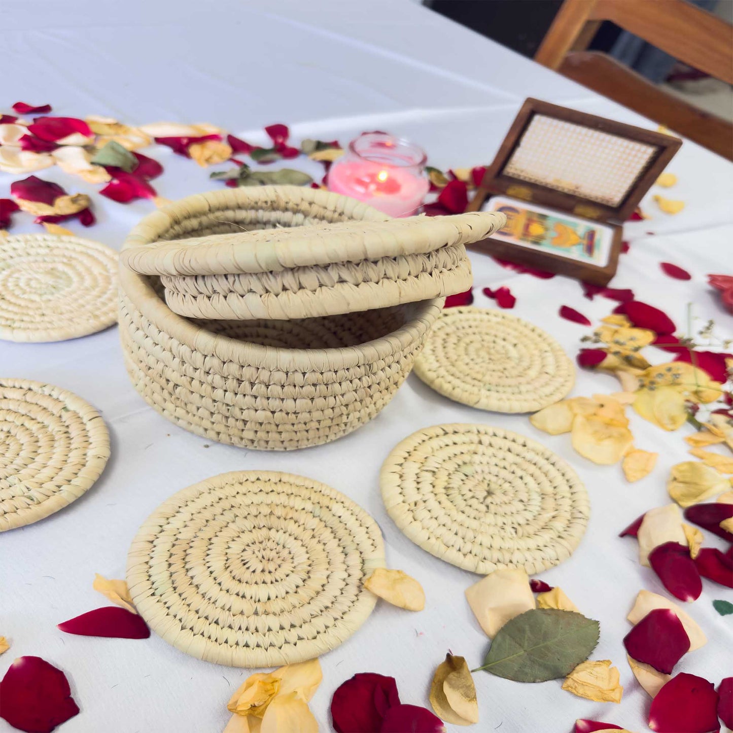 Natural Jute Coaster With Sabai Grass Basket (Set of 6 Coasters +1 Basket)