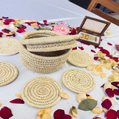 Natural Jute Coaster With Sabai Grass Basket (Set of 6 Coasters +1 Basket)
