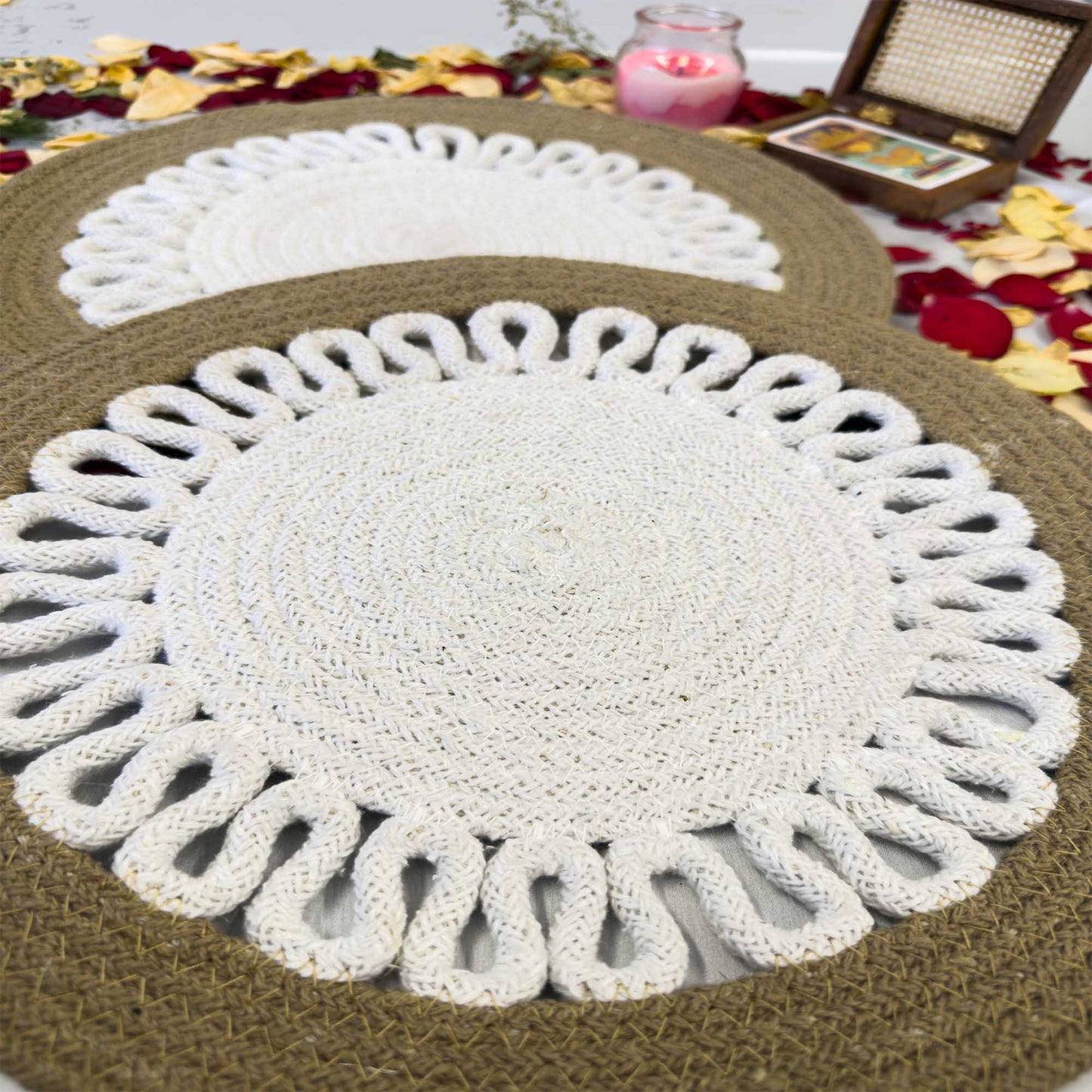 White Centered Flower Jute Table Placemat (Pack of 2) – Eco-Friendly and Stylish