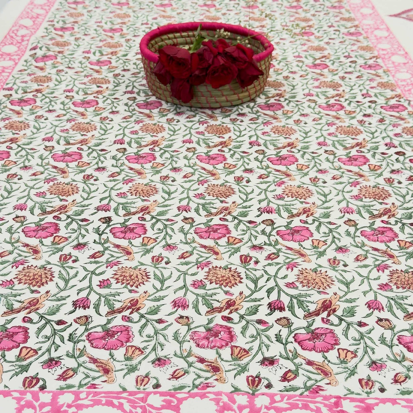 Pink Lotus Hand Block Table Cover – 60 x 90 Inches for 6-Seater Dining Tables