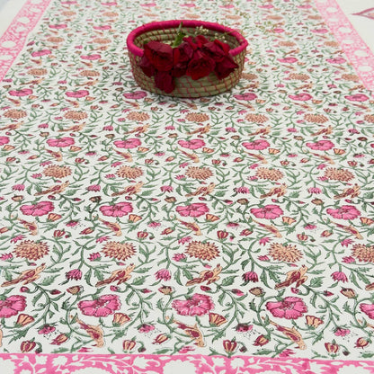Pink Lotus Hand Block Table Cover – 60 x 90 Inches for 6-Seater Dining Tables