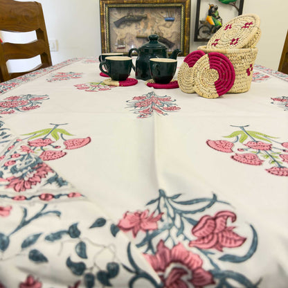 Floral Handblock Table Cover – 60x90 Inches for 6-Seater Dining Tables
