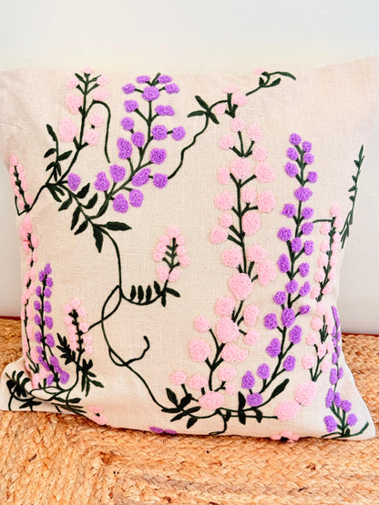 Pastel Purple Pink Embroidered Cushion Cover – Elegant Handcrafted Home Décor