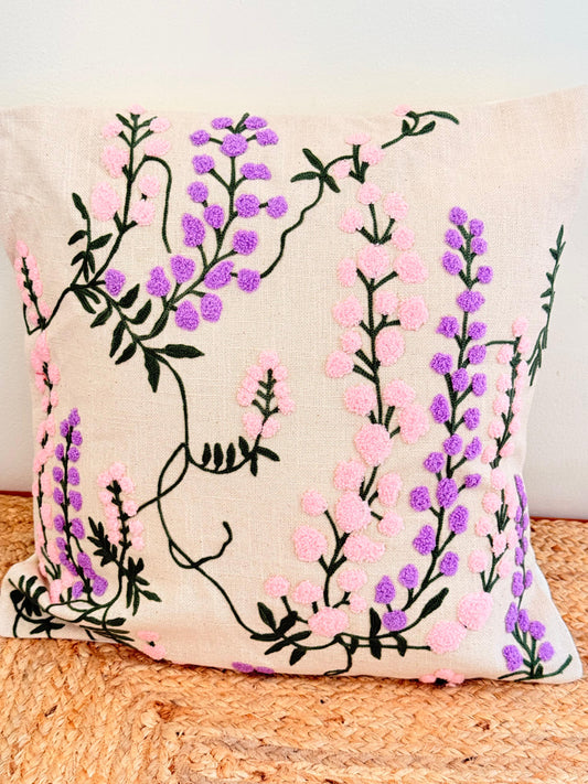 Pastel Purple Pink Embroidered Cushion Cover – Elegant Handcrafted Home Décor
