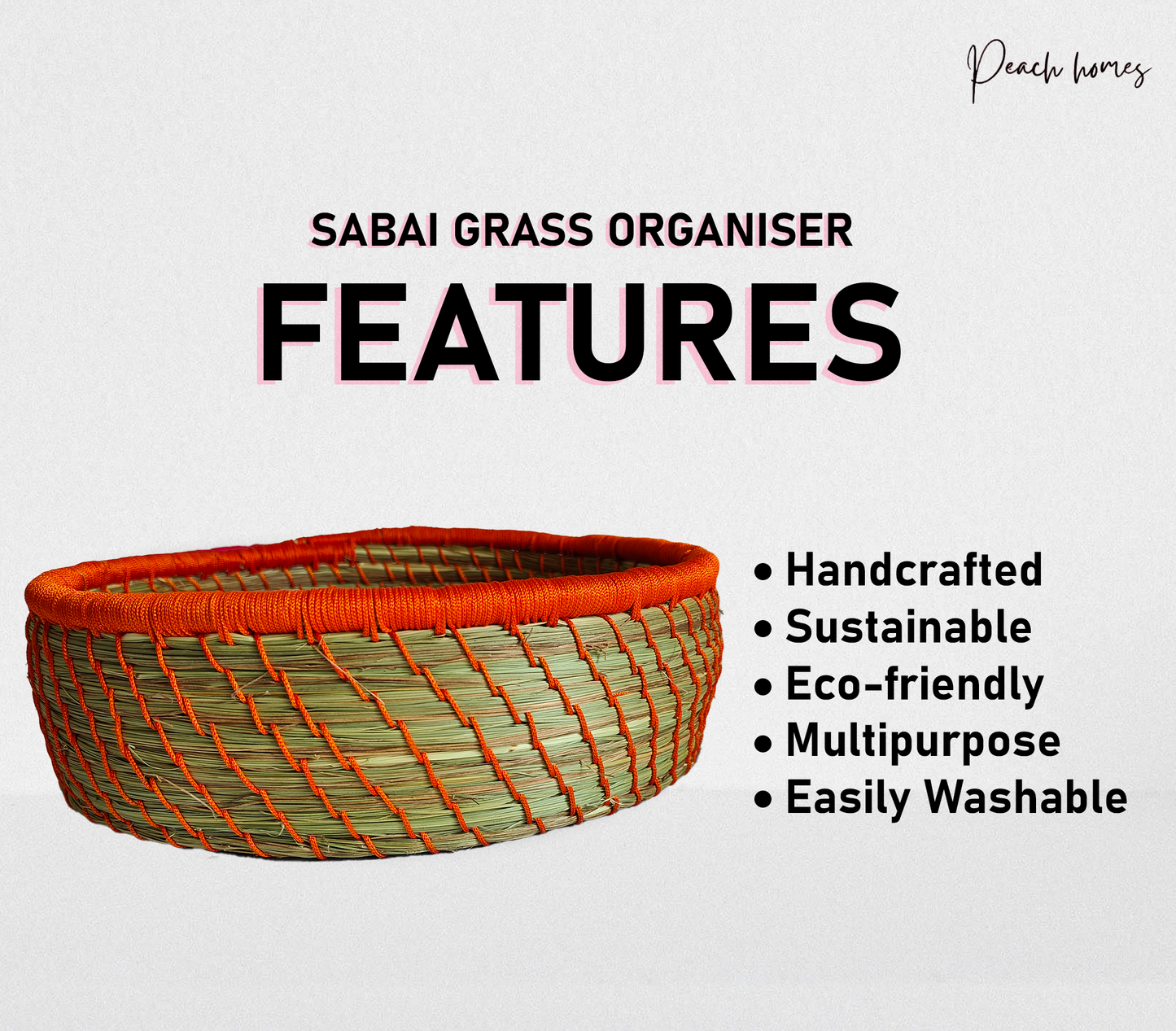 Orange Hand-Crafted Sabai Grass Jute Organiser (Set of 3)