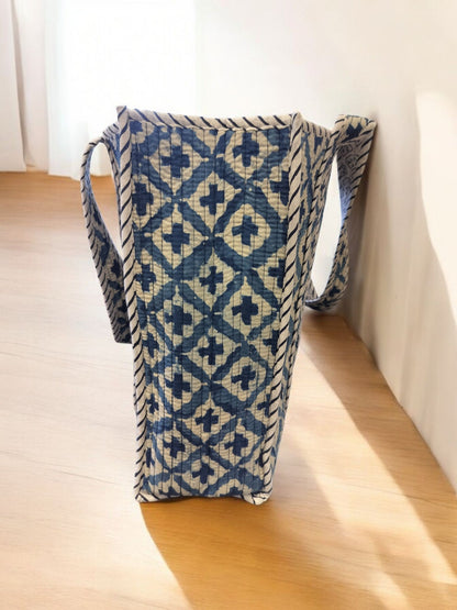 BLOCK N STYLE White Blue Floral Cotton Printed Tote Bag – Quilted Handblock Women’s Shoulder and Shopping Bag