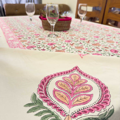 Pink Lotus Hand Block Table Cover – 60 x 90 Inches for 6-Seater Dining Tables