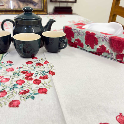 White & Red Cotton Handblock Table Cover – 60x90 Inches for 6-Seater Dining Tables