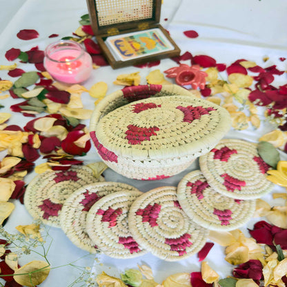 Magenta Handcrafted Jute Coasters With Sabai Grass Basket (SET OF 6 COASTERS + 1 BASKET)