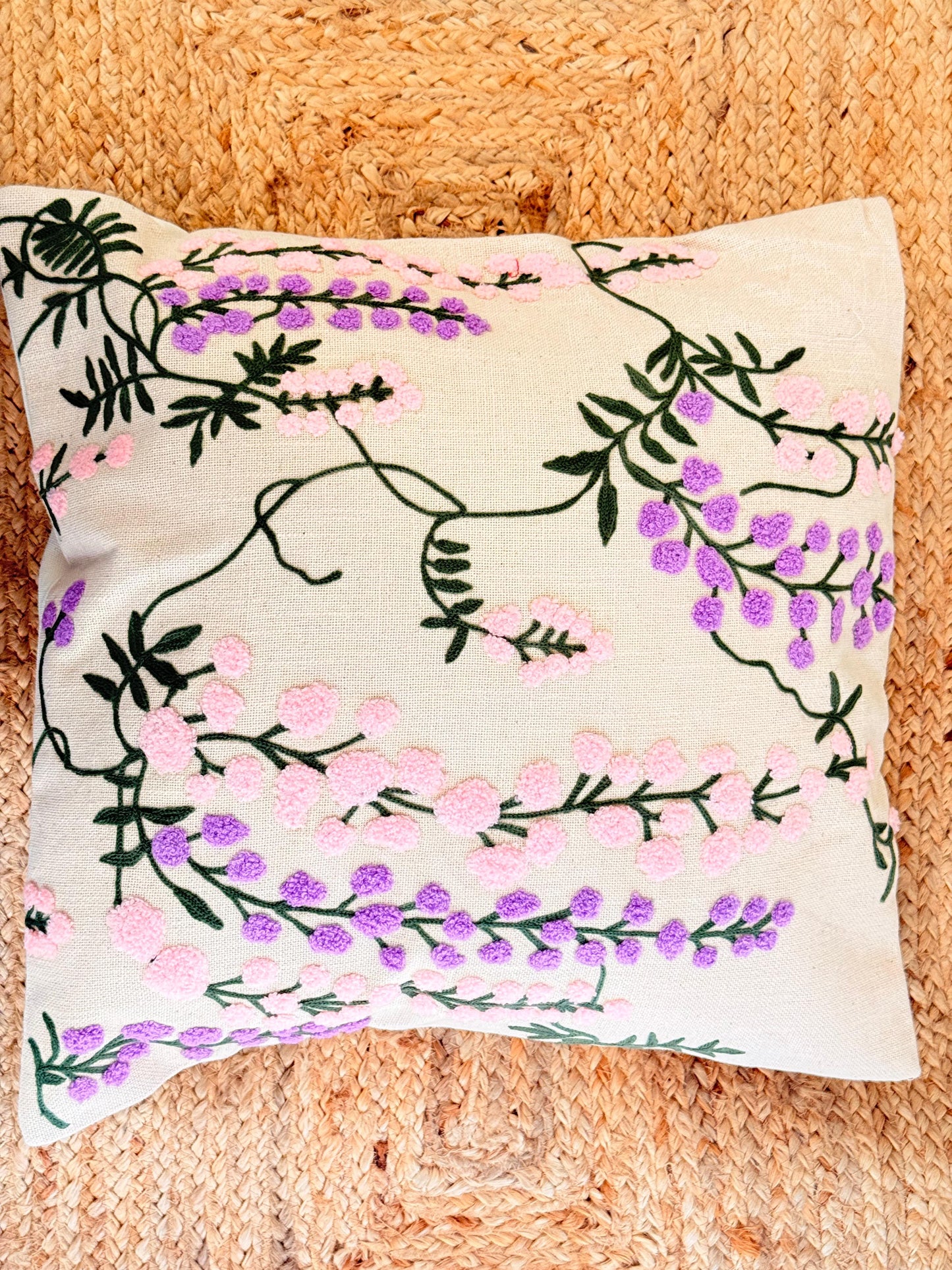Pastel Purple Pink Embroidered Cushion Cover – Elegant Handcrafted Home Décor