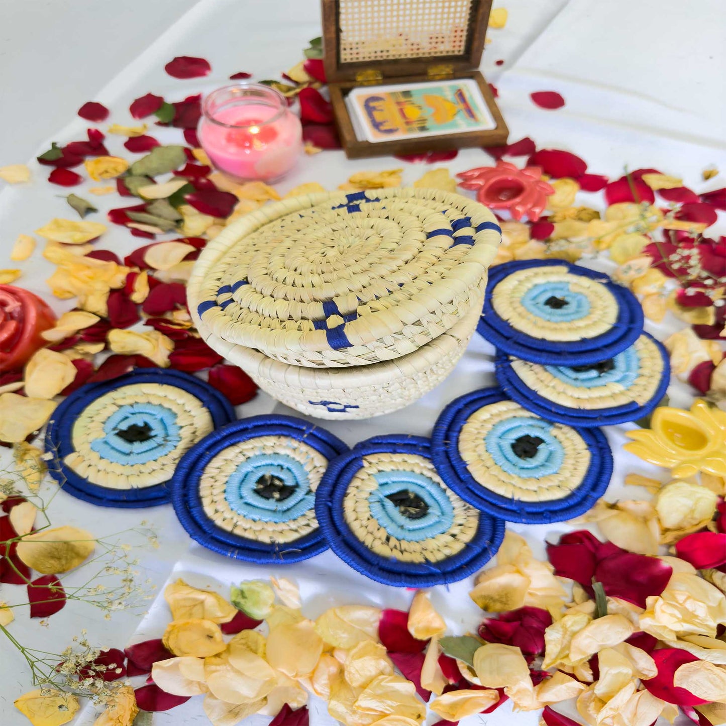 EVIL - EYE Handcrafted Jute Coasters With Sabai Grass Basket (SET OF 6 COASTERS + 1 BASKET)