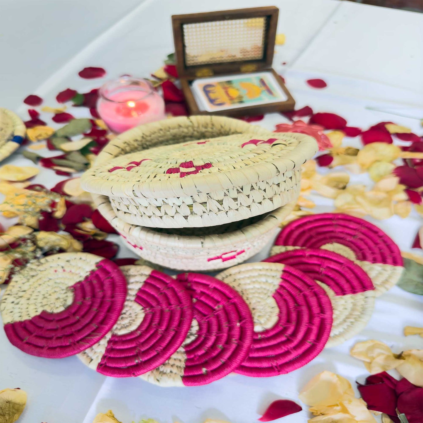 Handcrafted Pink Jute Coasters With Sabai Grass Basket (SET OF 6 COASTERS + 1 BASKET)