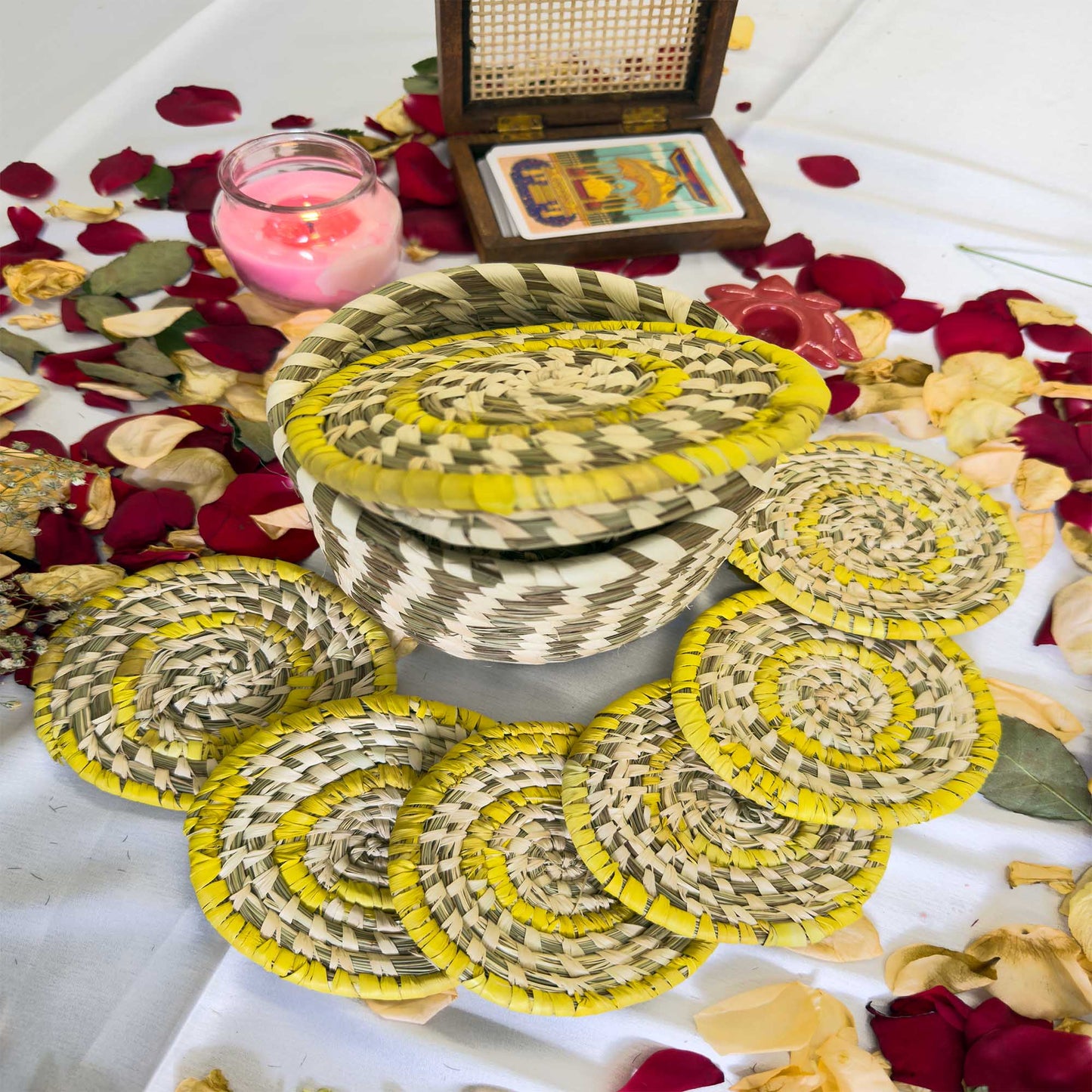 Yellow Handcrafted Jute Coasters With Sabai Grass Basket (SET OF 6 COASTERS + 1 BASKET)