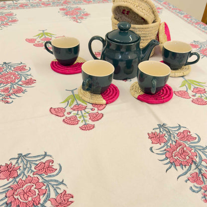 Floral Handblock Table Cover – 60x90 Inches for 6-Seater Dining Tables
