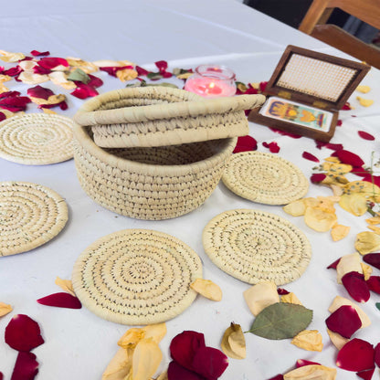 Natural Jute Coaster With Sabai Grass Basket (Set of 6 Coasters +1 Basket)