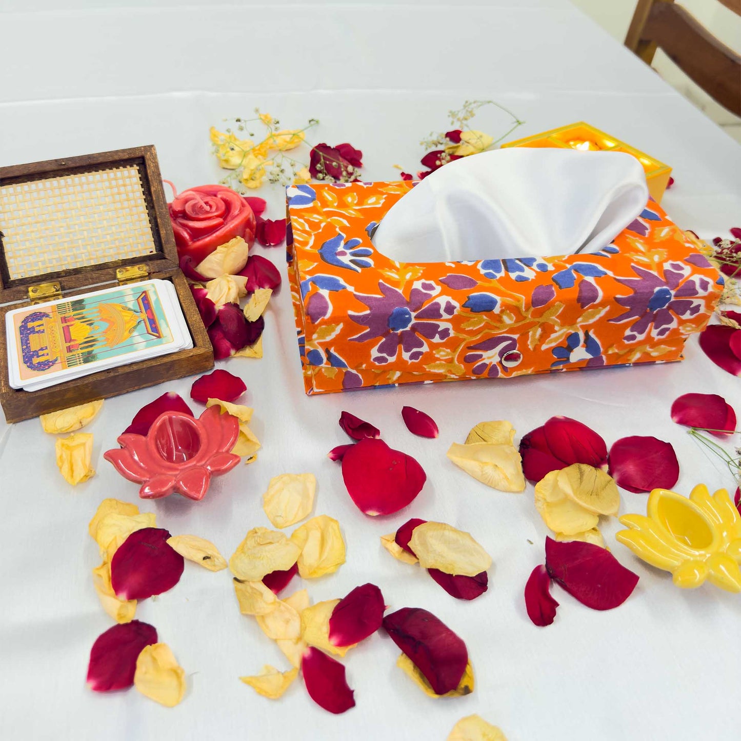 Orange Floral Handblock Tissue Box
