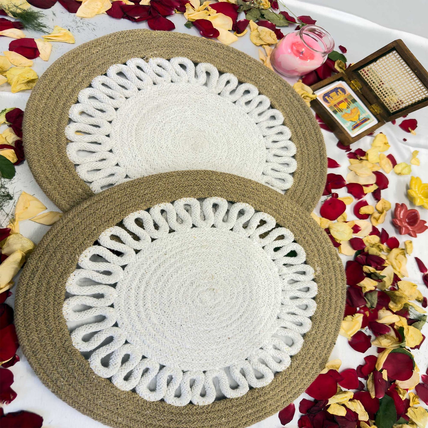 White Centered Flower Jute Table Placemat (Pack of 2) – Eco-Friendly and Stylish