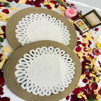 White Centered Flower Jute Table Placemat (Pack of 2) – Eco-Friendly and Stylish