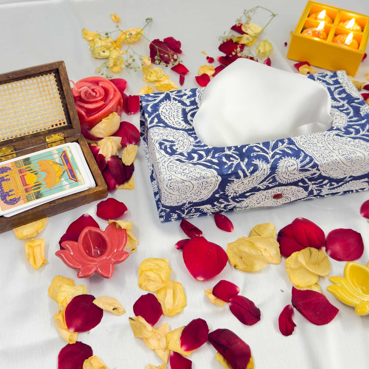Dark Blue Floral Handblock Tissue Box
