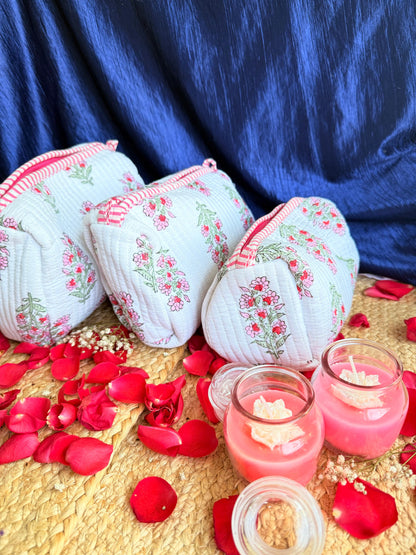 Pink and White Floral Handblock Organizer Travel Pouch Set of 3