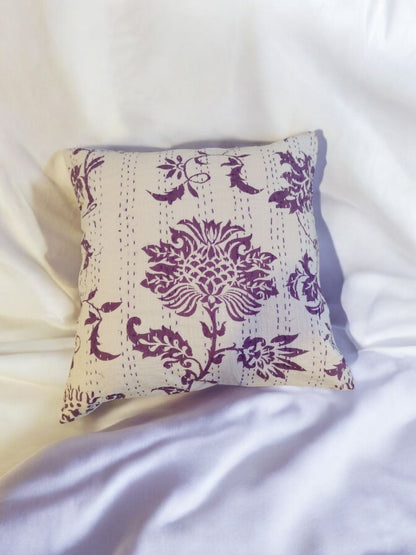 White Kantha Cushion Cover with Purple Flower Set of 2