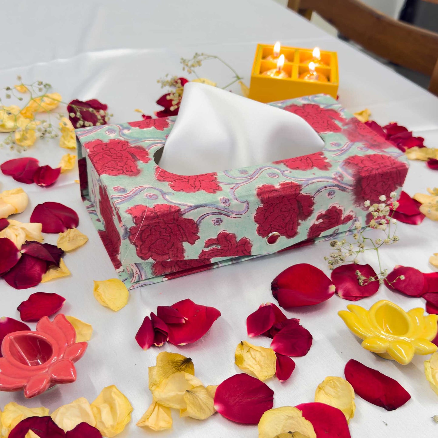 Red Floral Handblock Tissue Box