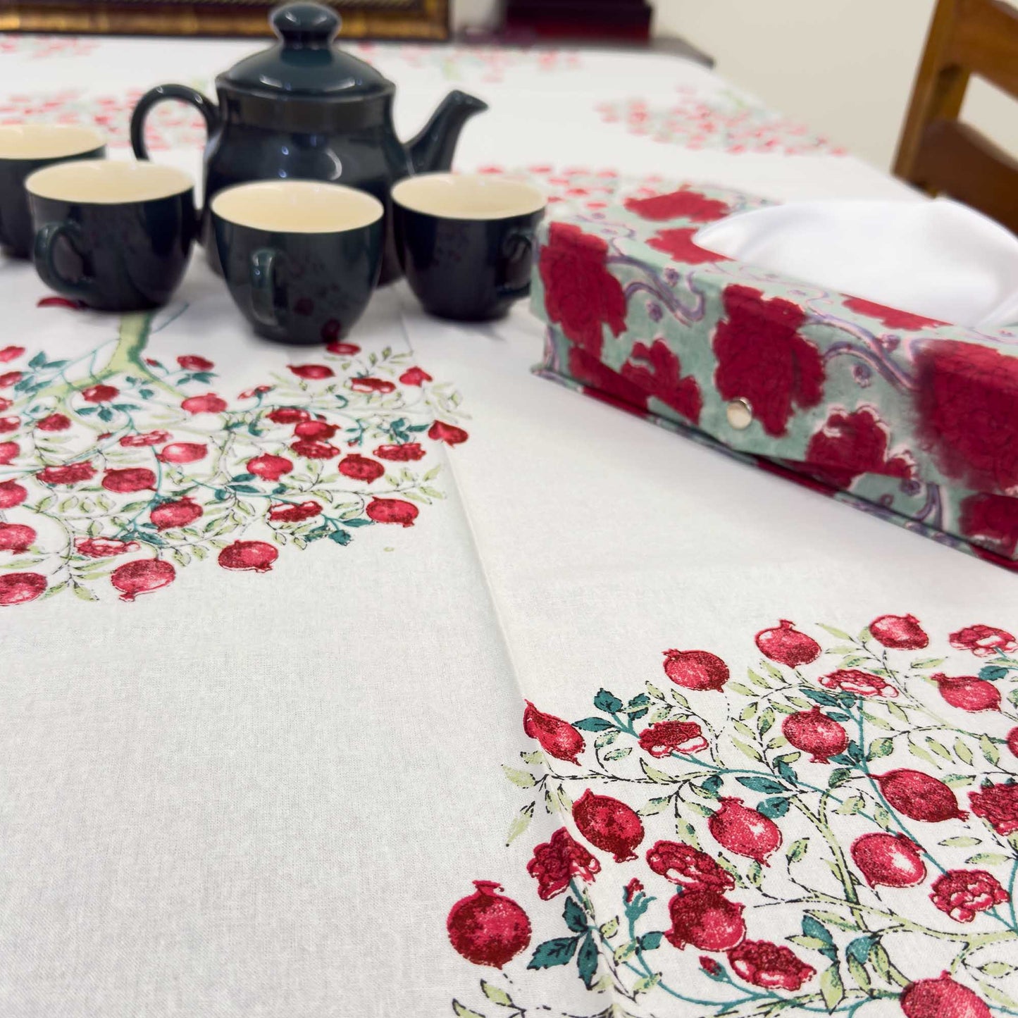 White & Red Cotton Handblock Table Cover – 60x90 Inches for 6-Seater Dining Tables
