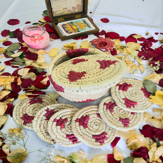 Magenta Handcrafted Jute Coasters With Sabai Grass Basket (SET OF 6 COASTERS + 1 BASKET)