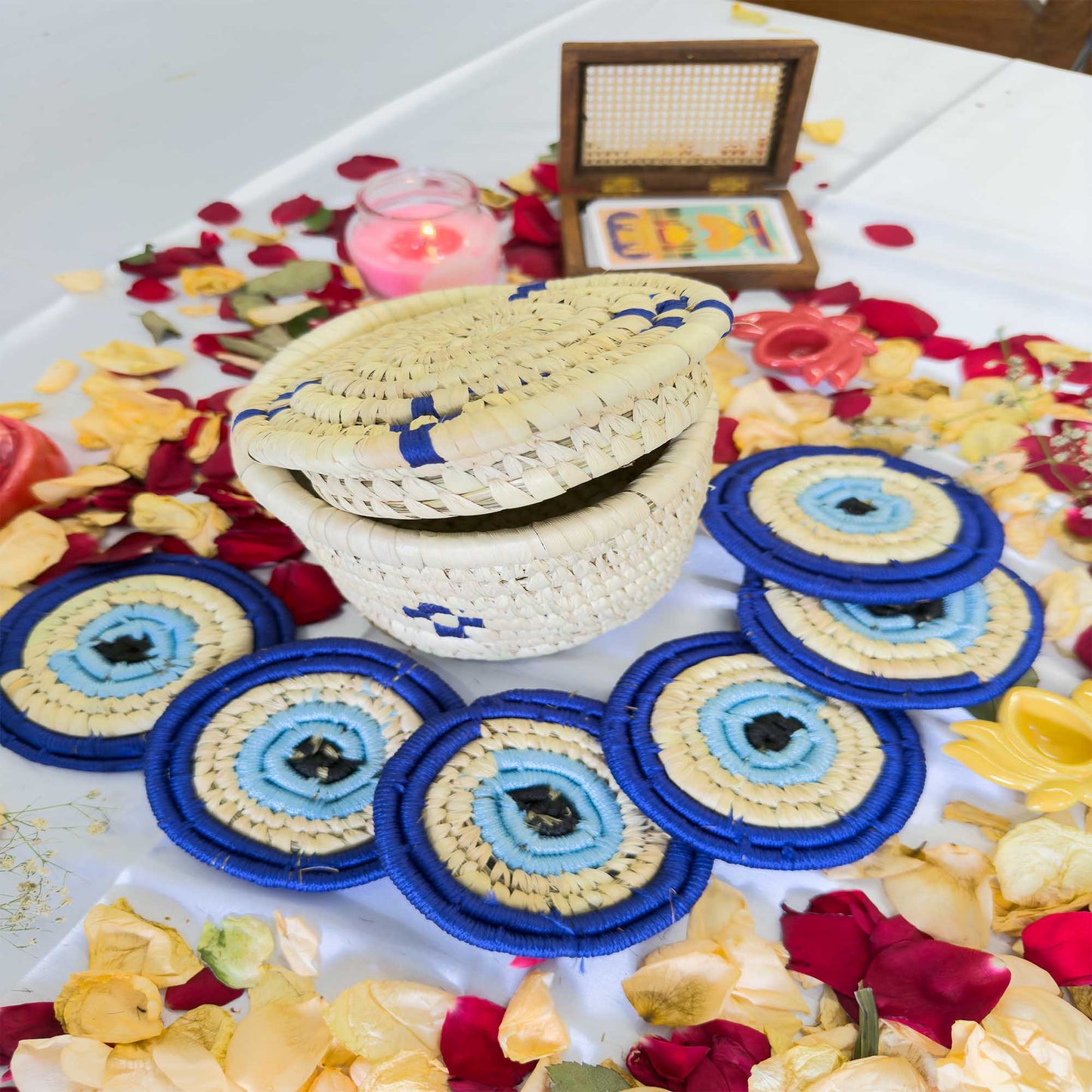 EVIL - EYE Handcrafted Jute Coasters With Sabai Grass Basket (SET OF 6 COASTERS + 1 BASKET)