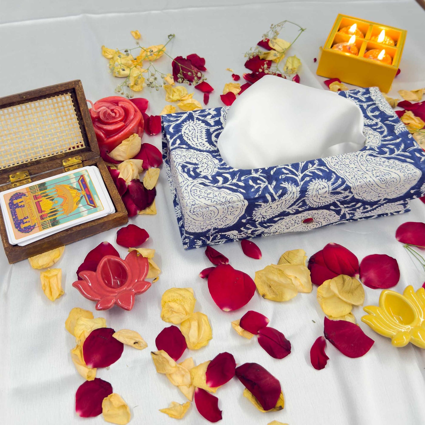 Dark Blue Floral Handblock Tissue Box
