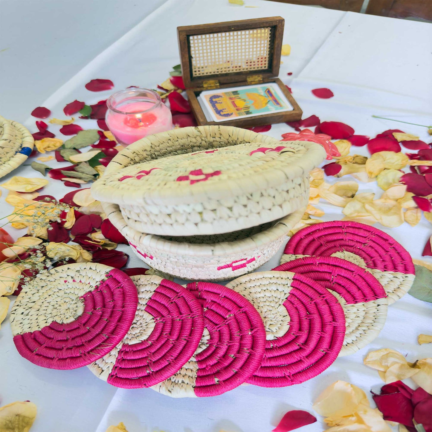 Handcrafted Pink Jute Coasters With Sabai Grass Basket (SET OF 6 COASTERS + 1 BASKET)