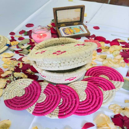 Handcrafted Pink Jute Coasters With Sabai Grass Basket (SET OF 6 COASTERS + 1 BASKET)