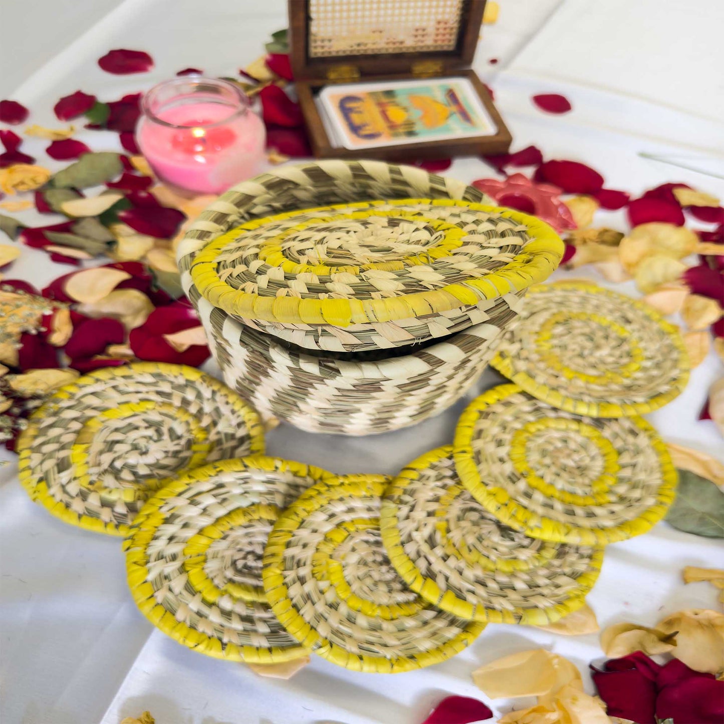 Yellow Handcrafted Jute Coasters With Sabai Grass Basket (SET OF 6 COASTERS + 1 BASKET)