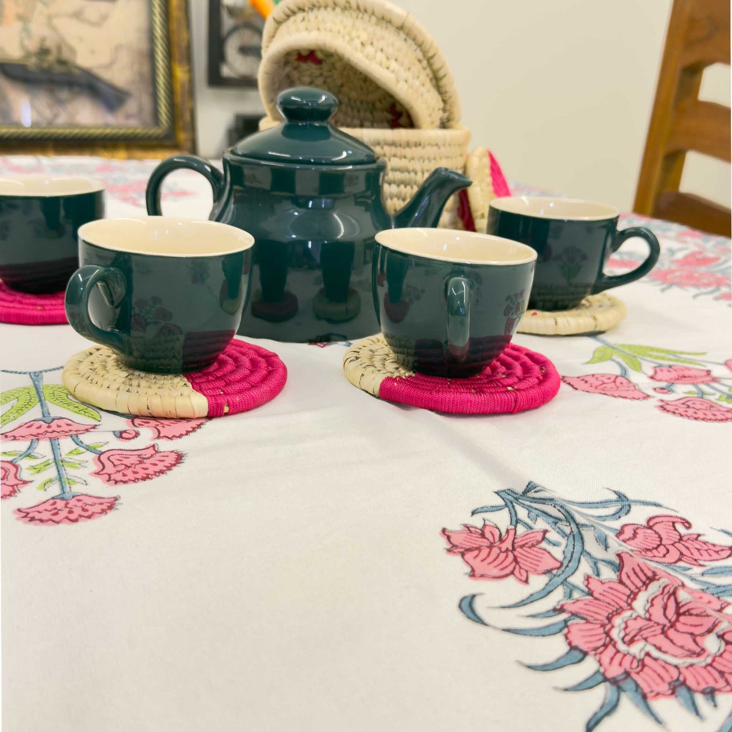 Floral Handblock Table Cover – 60x90 Inches for 6-Seater Dining Tables