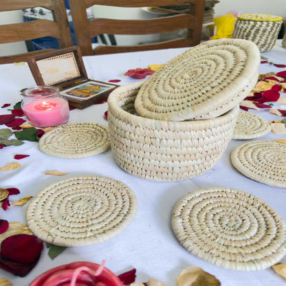 Natural Jute Coaster With Sabai Grass Basket (Set of 6 Coasters +1 Basket)