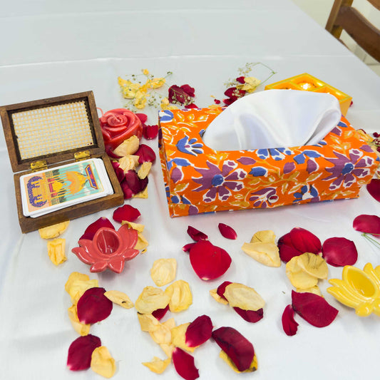 Orange Floral Handblock Tissue Box