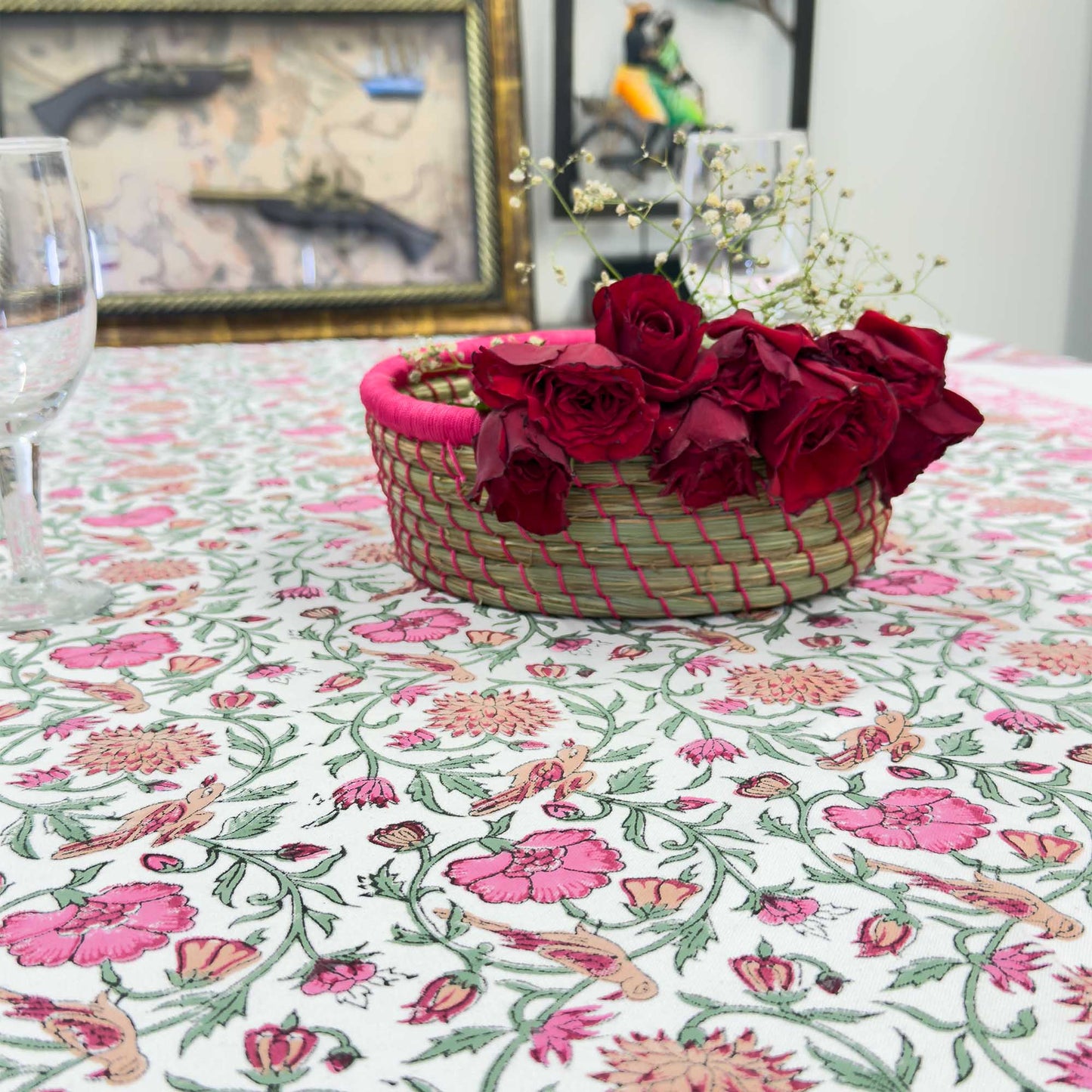 Pink Lotus Hand Block Table Cover – 60 x 90 Inches for 6-Seater Dining Tables