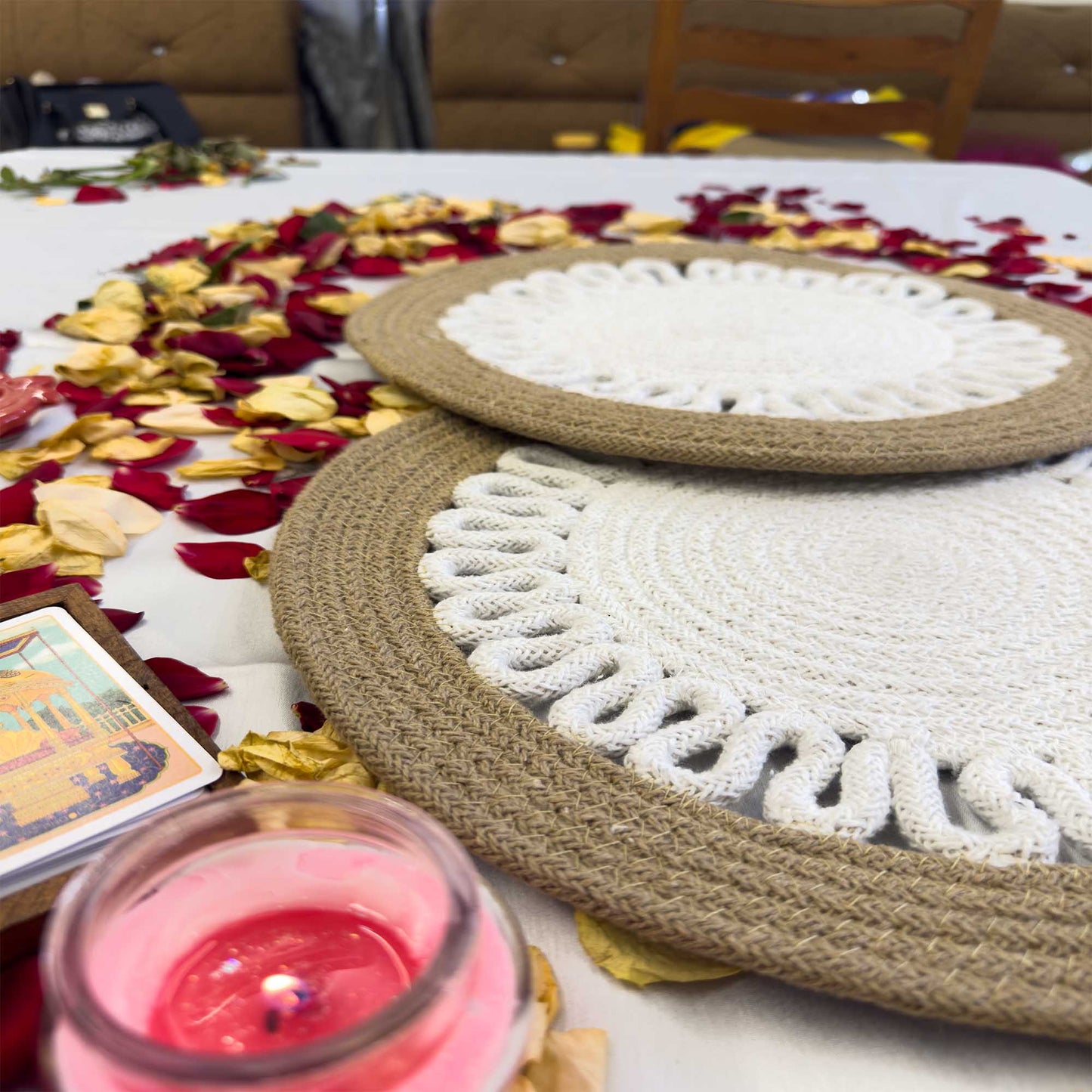 White Centered Flower Jute Table Placemat (Pack of 2) – Eco-Friendly and Stylish