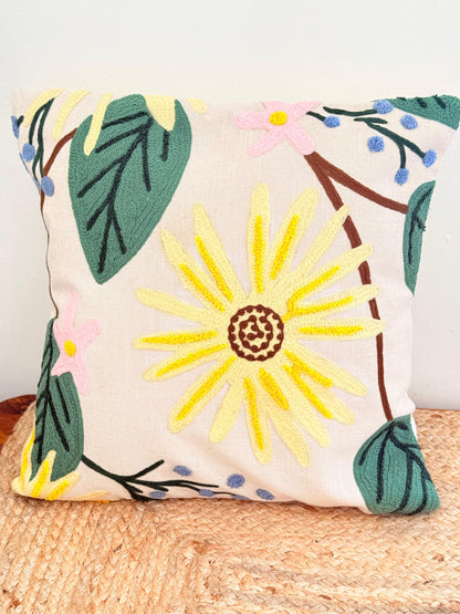 Yellow Flower Embroidery Decorative Cushion Cover – Premium Jute Throw Pillow Cover